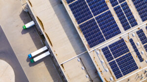 Industry with low carbon footprint. Industrial warehouses with s